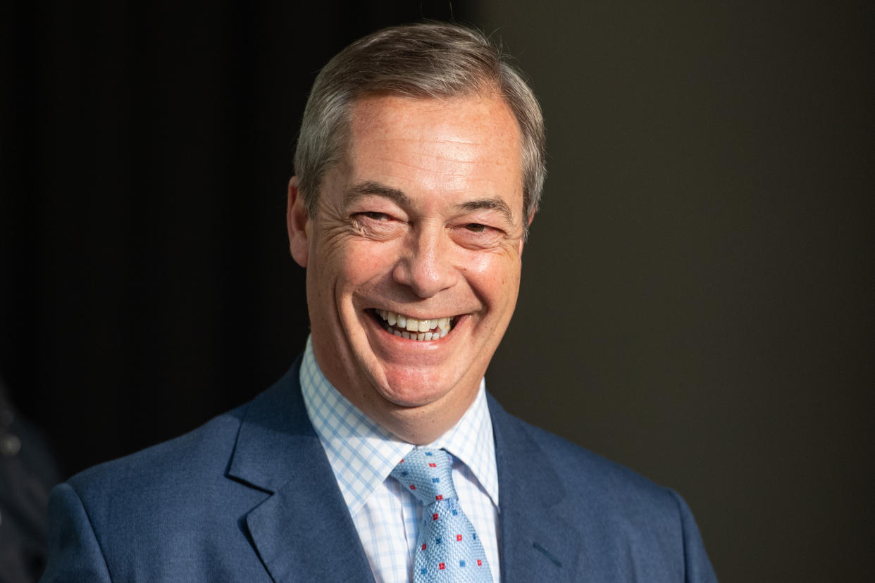 Brexit Party leader Nigel Farage leaves BBC Broadcasting House in London after appearing on the Andrew Marr show.