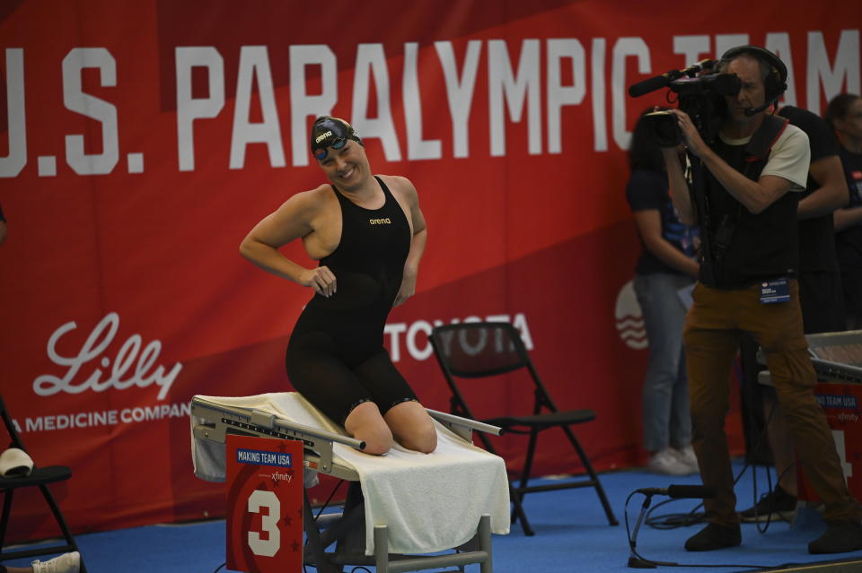 Jessica Long sits on the starting bench before the women's 100 breaststroke at the 2024 U.S. Paralympic Swim Team Trials in Minneapolis on Thursday, June 27, 2024. (AP Photo/Jackson Ranger)