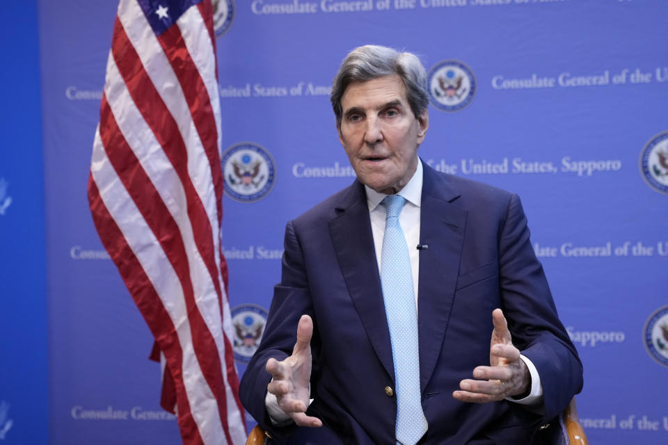 U.S. Special Presidential Envoy for Climate John Kerry speaks during an interview with The Associated Press at the U.S. Consulate General after the G-7 ministers' meeting on climate, energy and environment in Sapporo, northern Japan, Sunday, April 16, 2023. So much has been invested in clean energy that there can be no rolling back of moves to end carbon emissions, though much more needs to be done much faster to prevent the worst impacts of climate change, U.S. Presidential Envoy John Kerry said Sunday. (AP Photo/Hiro Komae)