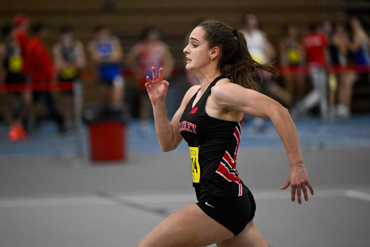 Annie Comella of Wellesley competes in the 55 meter dash during a track and field meet at the Reggie Lewis Center on Thursday, Dec. 15, 2022.