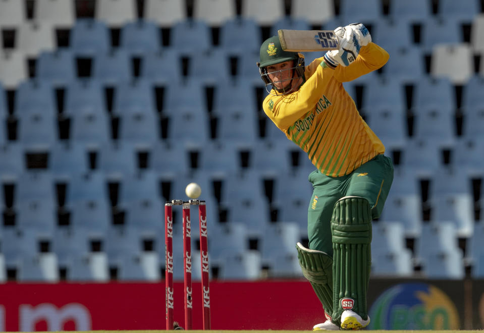 South Africa's batman Rassie van der Dussen watches his shot during the fourth and final T20 cricket match between South Africa and Pakistan at Centurion Park in Pretoria, South Africa, Friday, April 16, 2021. (AP Photo/Themba Hadebe)