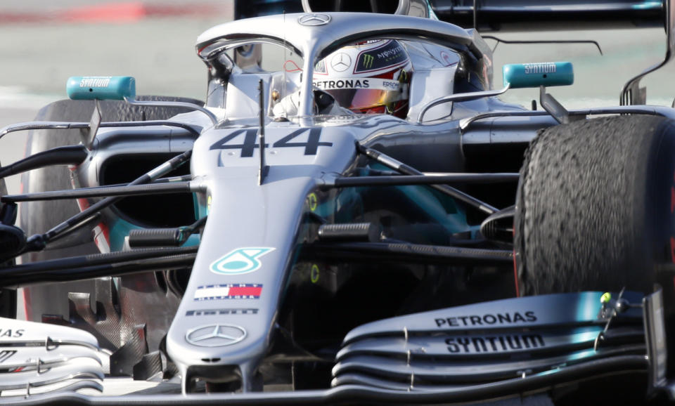 Mercedes driver Lewis Hamilton of Britain steers his car during a Formula One pre-season testing session at the Barcelona Catalunya racetrack in Montmelo, outside Barcelona, Spain, Thursday, Feb.21, 2019. (AP Photo/Joan Monfort)