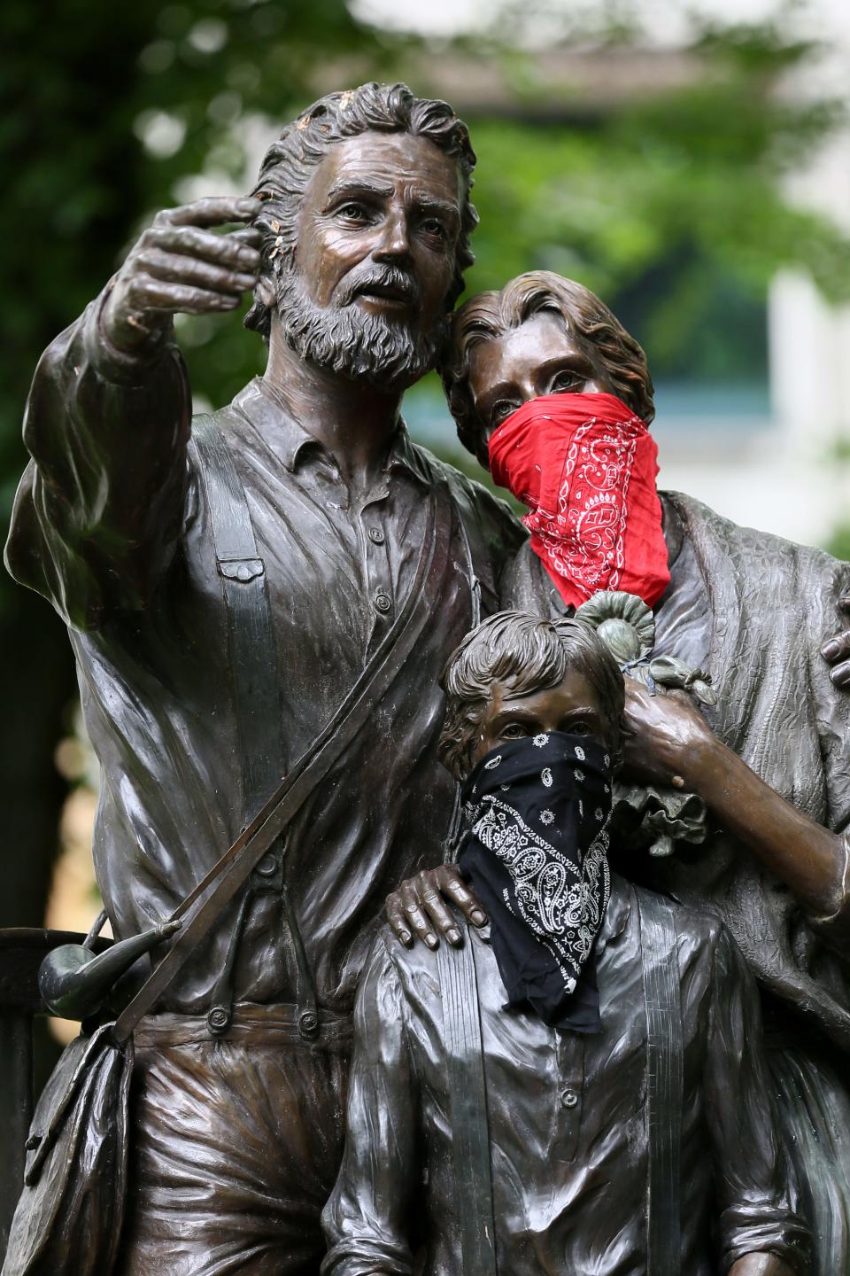 A Portland statue is redecorated by the Antifa bloc.&nbsp;