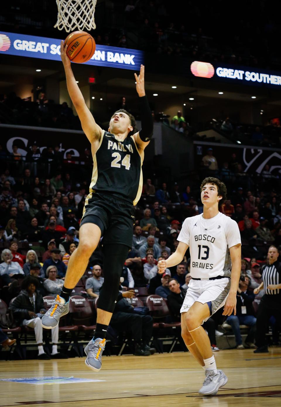 Senior Guard Darren Harris of Paul VI Catholic (Virginia) performs a layup during the championship game of the Tournament of Champions against St. John Bosco (California) at Great Southern Bank Arena on Saturday, Jan. 13, 2024.