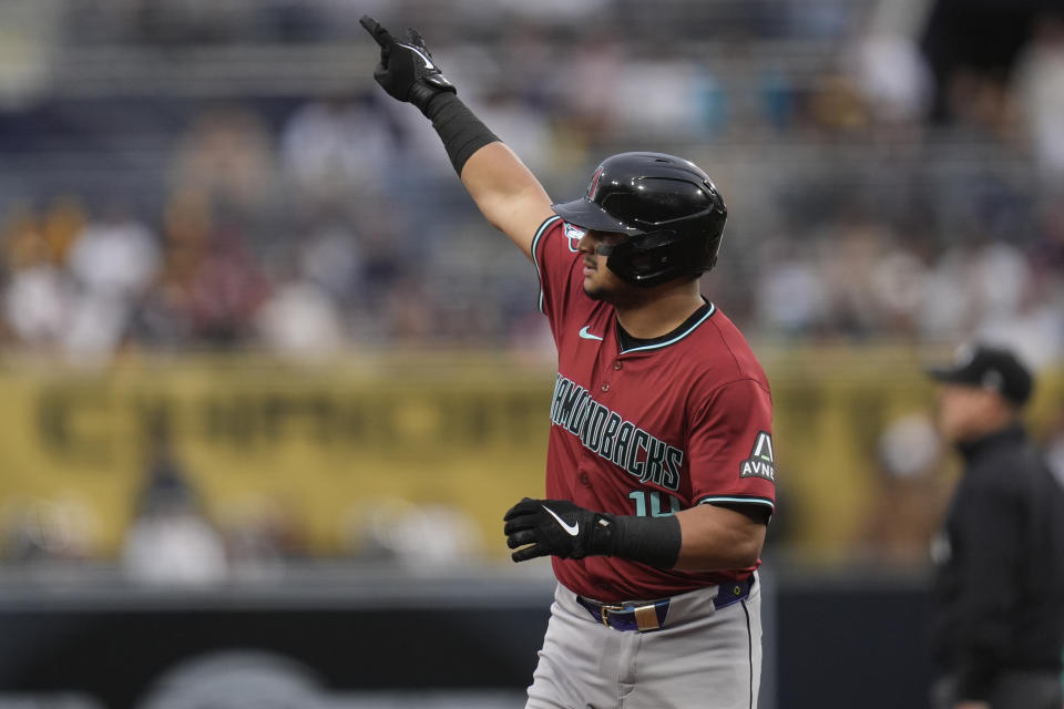 Arizona Diamondbacks' Gabriel Moreno celebrates after hitting a home run during the second inning of a baseball game against the San Diego Padres,420 Thursday, June 6, 2024, in San Diego. (AP Photo/Gregory Bull)