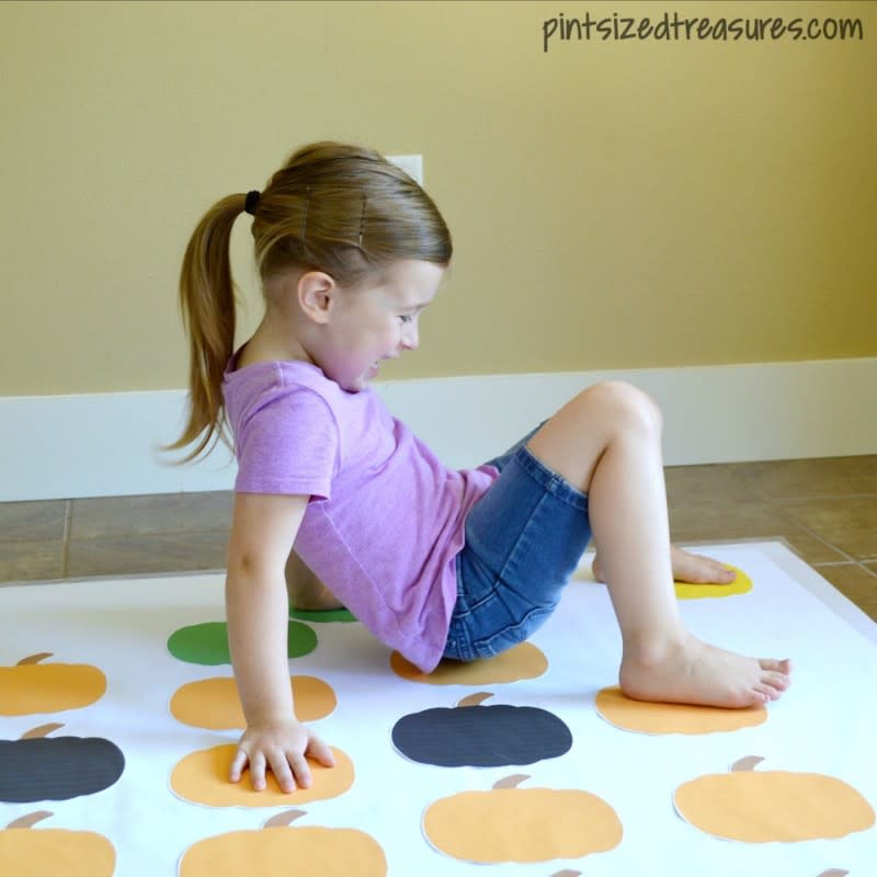 <p>Pint Sized Treasures</p><p>Want to make Twister even more fun? Add in some pumpkins, like <a href="https://pintsizedtreasures.com/diy-pumpkin-twister-game/" rel="nofollow noopener" target="_blank" data-ylk="slk:Pint Sized Treasures;elm:context_link;itc:0;sec:content-canvas" class="link rapid-noclick-resp"><em>Pint Sized Treasures</em></a>, for a cool spin on the game.</p>