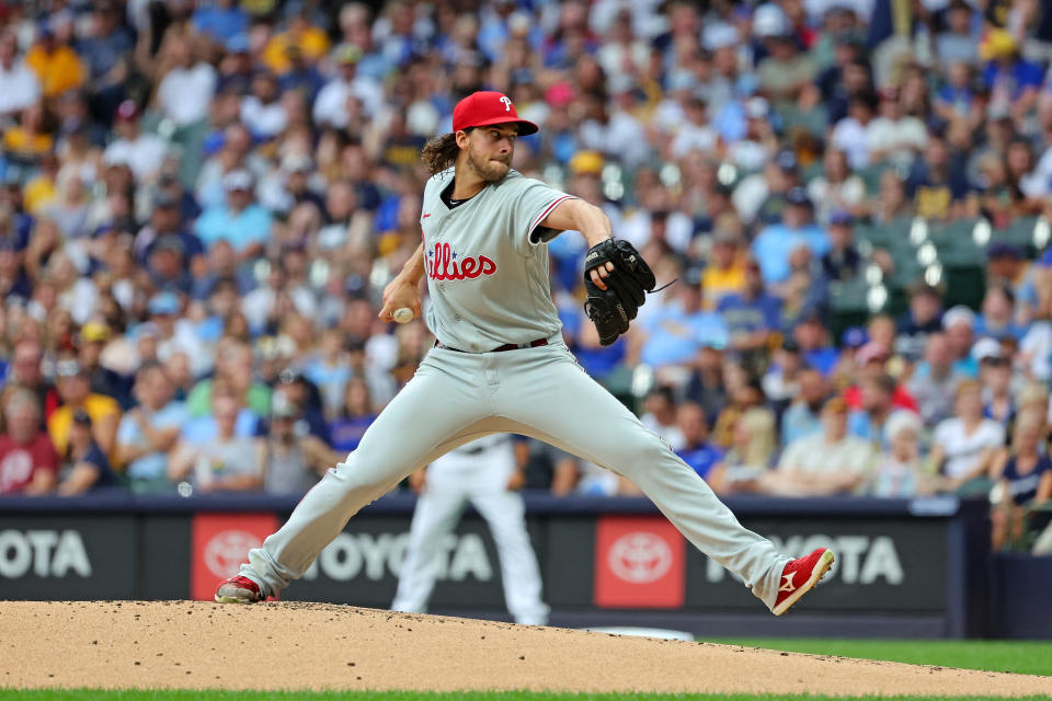 費城費城人Aaron Nola。（Photo by Stacy Revere/Getty Images）