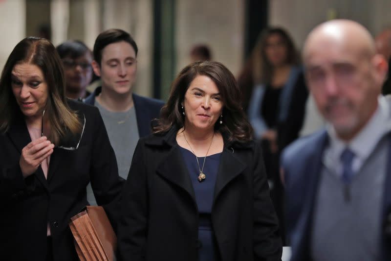 Witness Annabella Sciorra arrives after a lunch break to testify in the case of film producer Harvey Weinstein at New York Criminal Court during his sexual assault trial in the Manhattan borough of New York City, New York