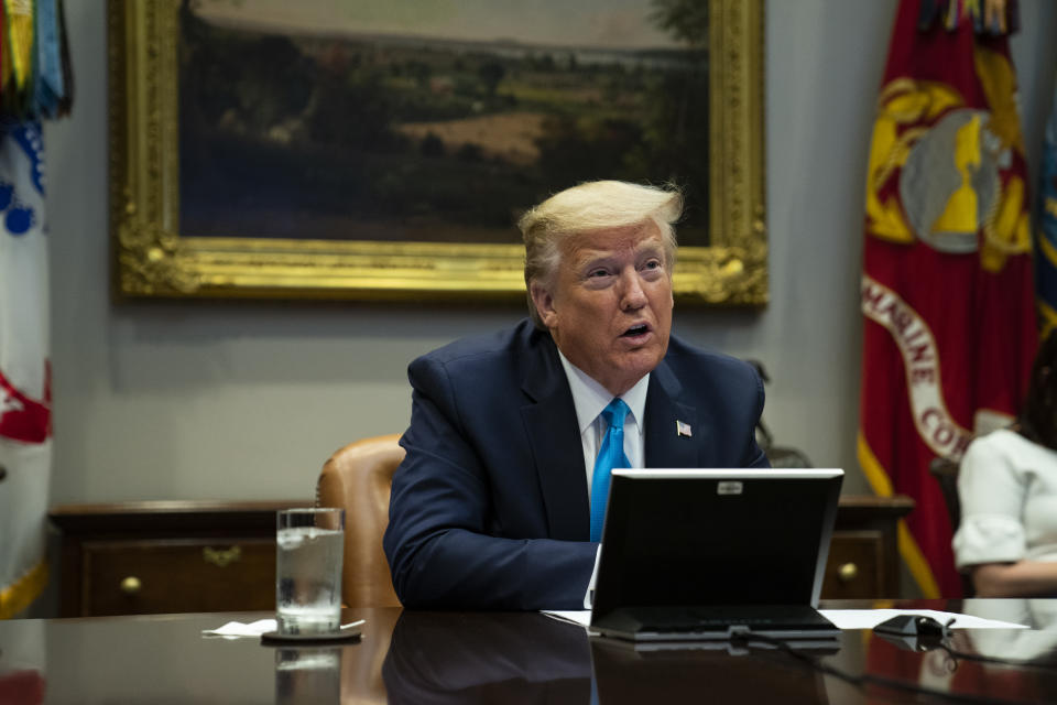 President Donald Trump speaks during a conference call with banks on efforts to help small businesses during the coronavirus pandemic, at the White House, Tuesday, April 7, 2020, in Washington. (AP Photo/Evan Vucci)