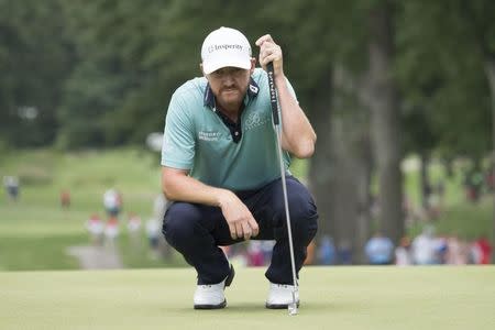 August 5, 2017; Akron, OH, USA; Jimmy Walker lines up his putt on the second hole during the third round of the WGC - Bridgestone Invitational golf tournament at Firestone Country Club - South Course. Mandatory Credit: Kyle Terada-USA TODAY Sports