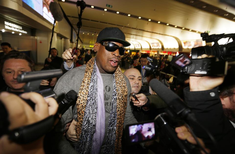 Former NBA basketball player Rodman speaks to the media after returning from his trip to North Korea at Beijing airport