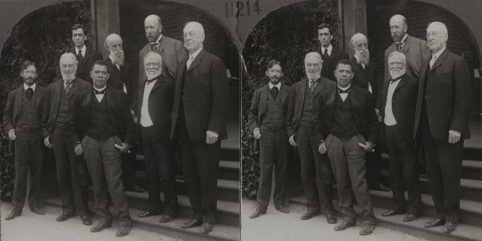 Booker T. Washington with white supporters of Tuskegee Institute during a 25th anniversary celebration of the school in 1906. White philanthropists showered Tuskegee with money. Washington used at least a portion of their donations to support Black newspapers and legal challenges to Jim Crow. Front row, left to right: George McAneny, a New York city official; Robert C. Ogden, a businessman; and Washington. Middle row, left to right: J. G. Phelps Stokes, an author and reform advocate; Lyman Abbott, a minister and editor; steel magnate Andrew Carnegie; and Charles W. Eliot, president of Harvard University. Back row: H. B. Frissell, president of Hampton Institute in Virginia.