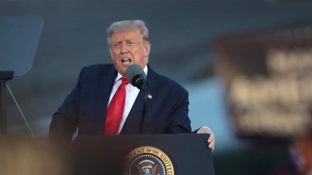 President Donald Trump speaks to supporters at a rally in Freeland, Michigan. (Photo by Scott Olson/Getty Images)