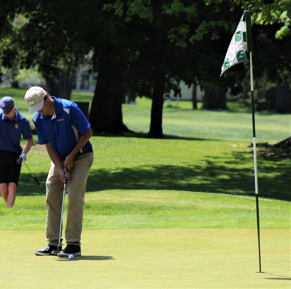 Dundee's Vincent Hosler lines up a putt during the Monroe County Championship Monday.