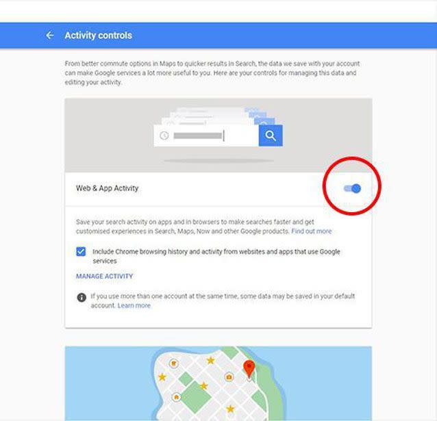 Click the blue toggle to stop Google from storing future browsing history. Source: Supplied