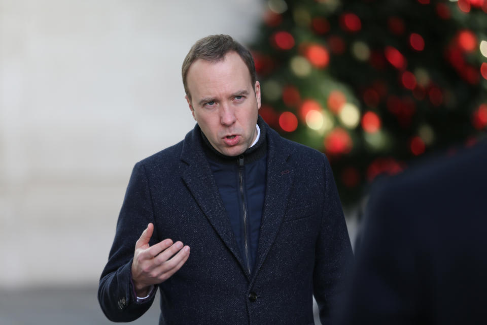 LONDON, UNITED KINGDOM - DECEMBER 20: UK Secretary of State for Health and Social Care, Matt Hancock speaks to press outside BBC headquarters in London, England on December 20, 2020. (Photo by Tayfun Salci/Anadolu Agency via Getty Images)