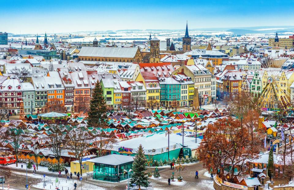 <p>The colourful German city of Erfurt scoops third place, with 17.25 days of snow per month. </p><p>'Complete with more than 1,200 years of history, Erfurt has one of Germany's most complete Medieval centres,' say Holidu. 'So just imagine this medieval setting covered in snow! You can visit St Mary's Cathedral and Krämerbrücke bridge and feel like you're in a fairytale setting.'<br></p>