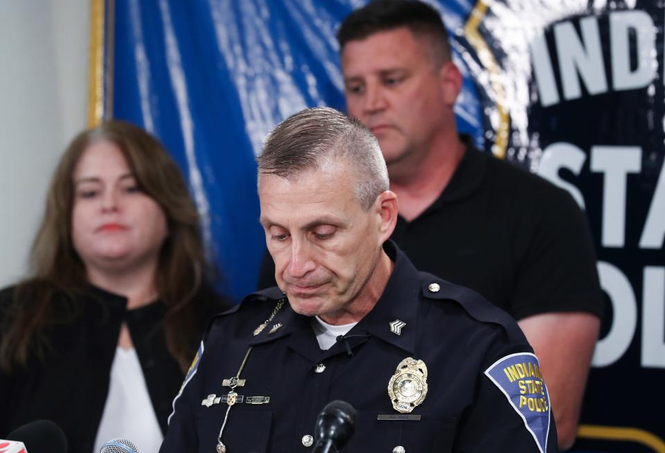 Indiana State Police Sgt. Carey Huls had to pause for a moment to gather himself before releasing the name of Cairo Jordan during a press conference on Oct. 26, 2022.