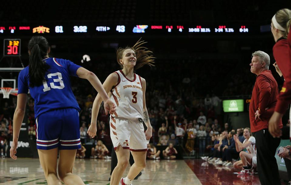 Iowa State's Denae Fritz (3) reacts after making a three-point shot against Kansas on Jan. 21 at Hilton Coliseum.