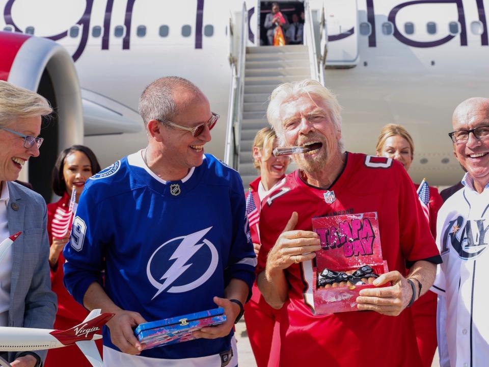 Richard Branson with Virgin's A330-900neo after inaugural to Tampa.