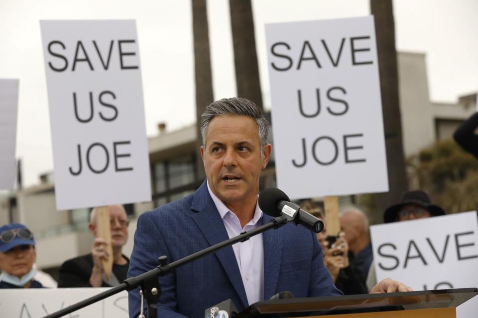 Los Angeles Mayoral candidate Joe Buscaino at a news conference on the Venice Boardwalk in June.