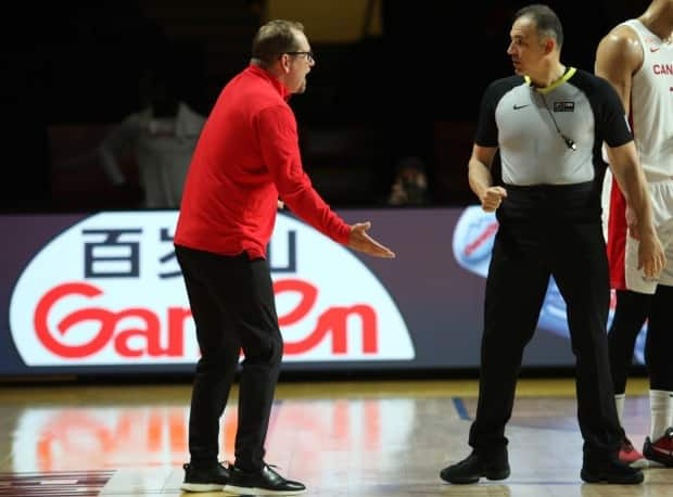 Canada's head coach Nick Nurse reacts to a call made by a referee during the semifinal loss to the Czech Republic on Saturday at the last-chance Olympic qualifier in Victoria, B.C. (Chad Hipolito/The Canadian Press - image credit)