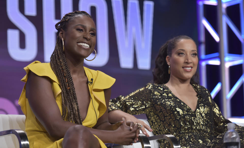 FILE - In this Wednesday, July 24, 2019 file photo, executive producer Issa Rae, left, and Robin Thede participate in HBO's "A Black Lady Sketch Show" panel at the Television Critics Association Summer Press Tour in Beverly Hills, Calif. The six-episode series offers sketches written and performed by an all-black female cast. (Photo by Richard Shotwell/Invision/AP, File)