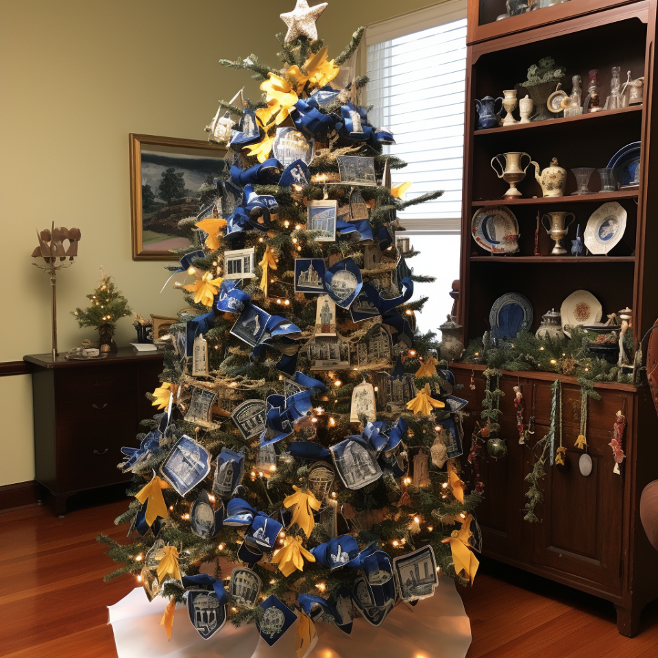 a very rustic Christmas tree in the corner of a living room that's covered in warm lights and various ornaments that look like leaves and buildings with a star on top