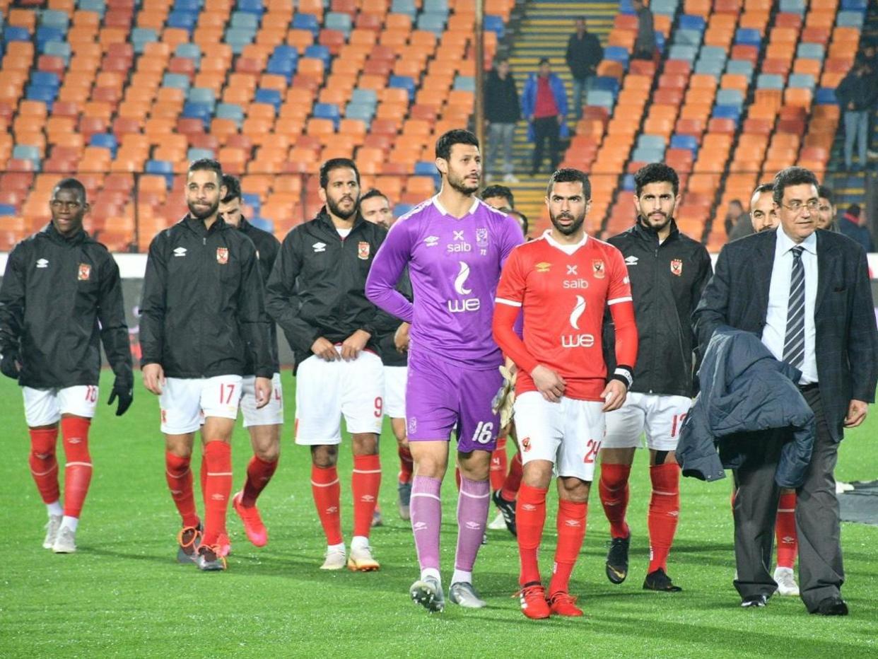 Ahly's players leave the pitch following the Egyptian league match between Al-Ahly and Zamalek at the Cairo International Stadium in the Egyptian capital on February 24, 2020: AFP via Getty Images