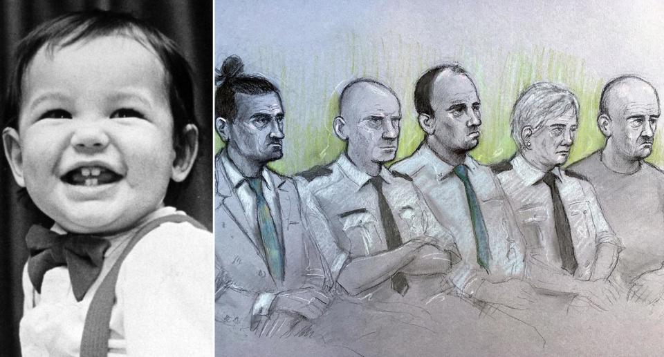 Murdered toddler Chi Ming Shek and a court artist sketch of the men accused of killing David Gaut: (l-r) David Osborne, Ieuan Harley, and Darran Evesham, during their trial at Newport Crown Court. (Elizabeth Cook/PA)