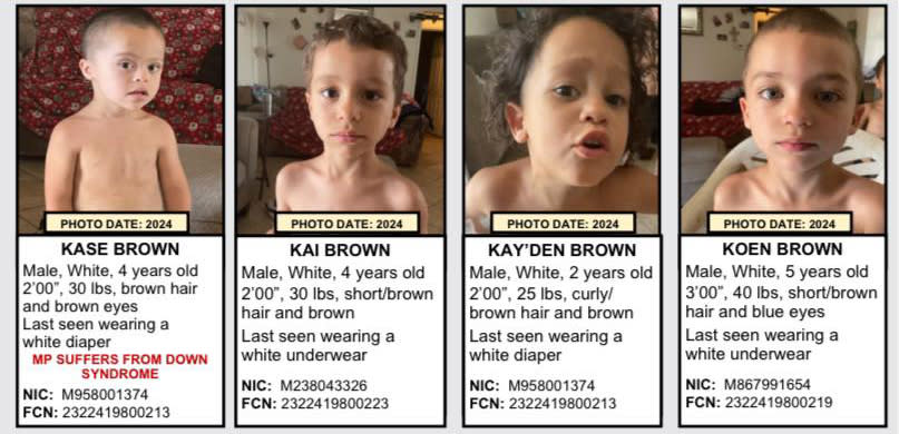 Kase Brown, 4; Kai Brown, 4; Kay'den Brown, 2; and Koen Brown, 5, were last seen in Palmdale on July 1, 2024.