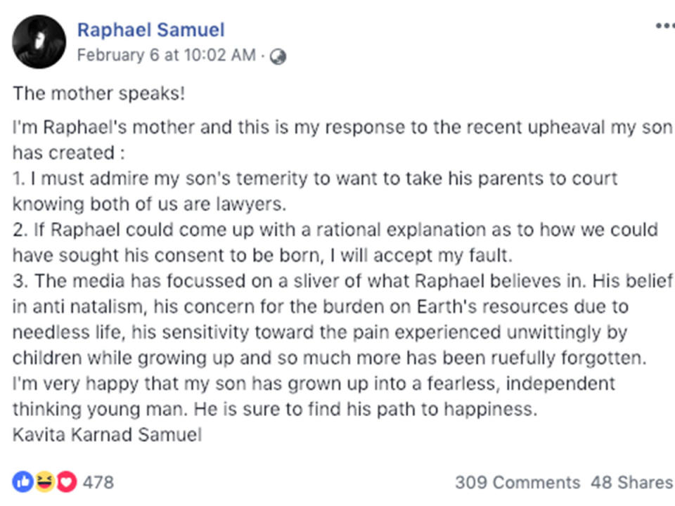 Mr Samuel shared a message online, which he claims is his mother’s response to his actions. Source: Facebook