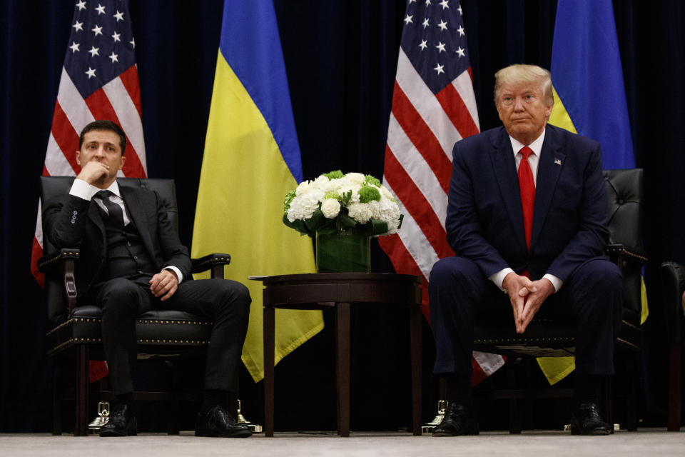 President Donald Trump meets with Ukrainian President Volodymyr Zelenskiy at the InterContinental Barclay New York hotel during the United Nations General Assembly, Wednesday, Sept. 25, 2019, in New York. (Photo: Evan Vucci/AP)                                                                                                                                                                                                                                                                                                                                                                                                                                                      