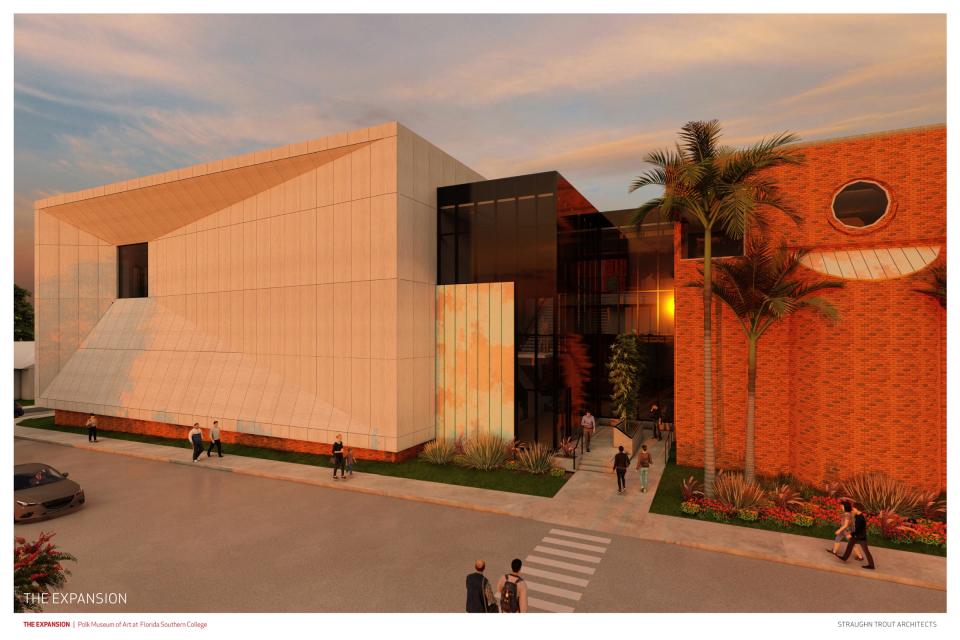 An artist's rendering shows the exterior of the addition to the Polk Museum of Art at Florida Southern College. Architect Tim Hoeft emphasized a contrast with the existing building.