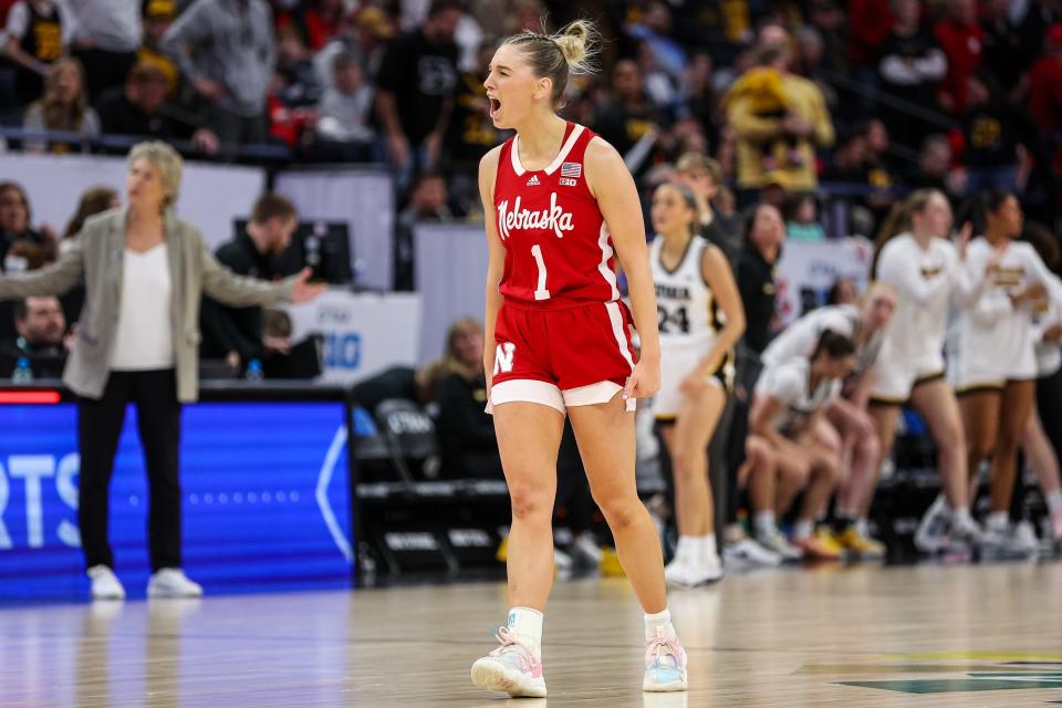 Nebraska Cornhuskers guard Jaz Shelley (1) celebrates after the first half against the Iowa Hawkeyes at Target Center March 10, 2024, in Minneapolis.