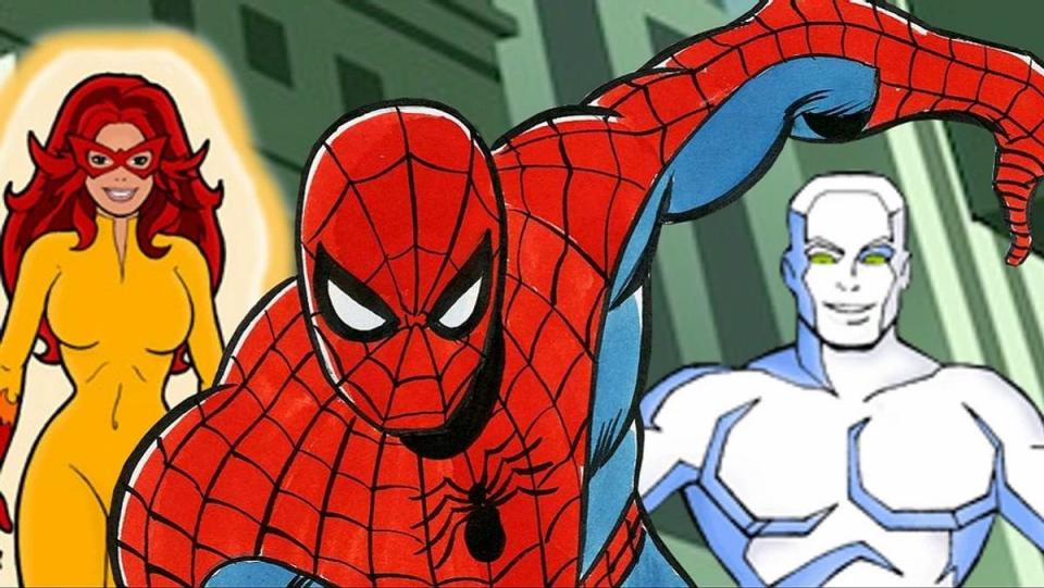 The 80s animated Spider-Man and his amazing friends, Iceman and Firestar.