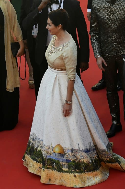 Culture Minister Miri Regev, who has repeatedly taken on Israel's liberal cultural elite, wears a dress featuring the Old City of Israeli-annexed Arab east Jerusalem at the Cannes Film Festival on May 17, 2017