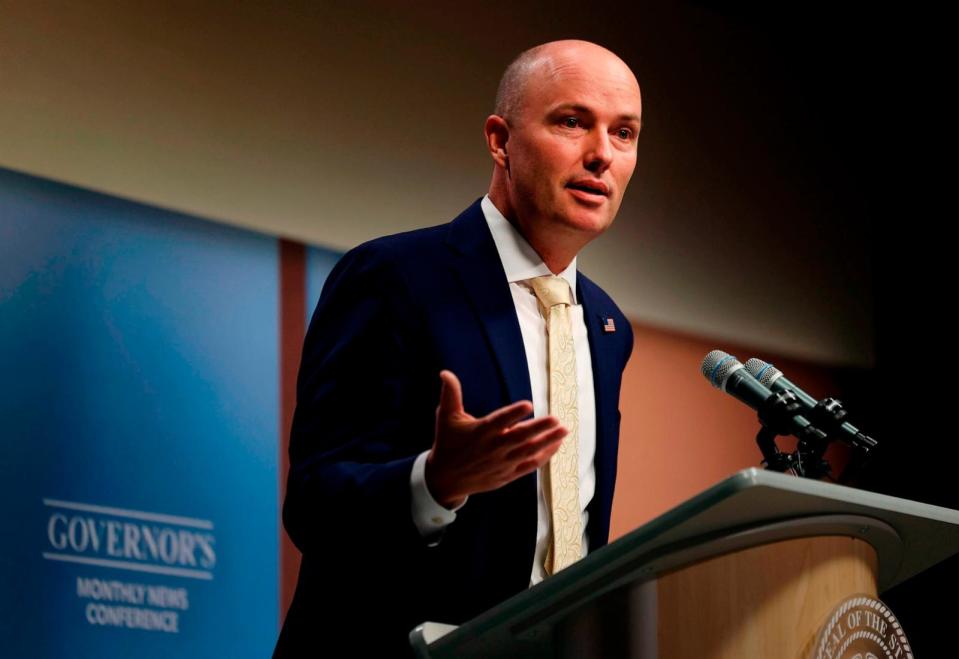 PHOTO: Utah Gov. Spencer Cox speaks at the PBS Utah Governor's Monthly News Conference at the Eccles Broadcast Center in Salt Lake City, Oct. 19, 2023. (Laura Seitz/The Deseret News via AP, Pool, FILE)