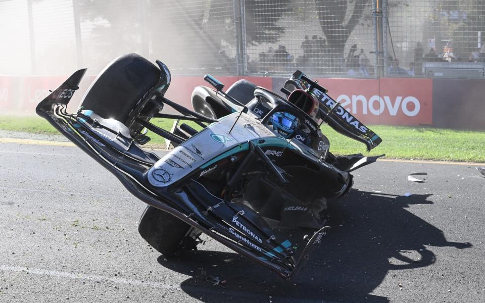 Mercedes' British driver George Russell crashes during during the Australian Formula One Grand Prix at Albert Park Circuit in Melbourne on March 24, 2024.