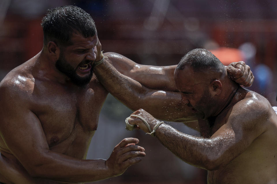 Wrestlers compete during the 663rd annual Historic Kirkpinar Oil Wrestling championship, in Edirne, northwestern Turkey, Sunday, July 7, 2024. Wrestlers take part in this "sudden death"-style traditional competition wearing only a pair of leather trousers and a good slick of olive oil. The festival is part of UNESCO's List of Intangible Cultural Heritages. (AP Photo/Khalil Hamra)