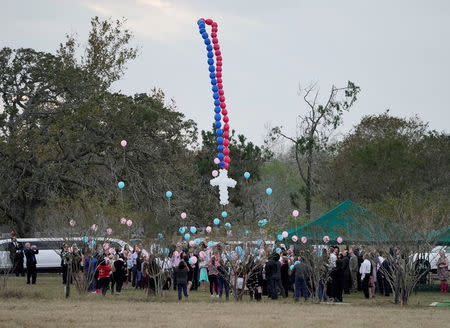 Balloons are released during a funeral service for six members of the Holcombe family and 3 members of the Hill family, victims of the Sutherland Springs Baptist church shooting, in Sutherland Springs, Texas, U.S. November 15, 2017. REUTERS/Darren Abate