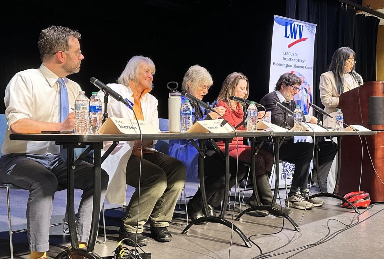 Democratic Party candidates for Monroe County Commissioner participated Saturday in a debate organized by the League of Women Voters of Bloomington-Monroe County. From left, Peter Iversen, Julie Thomas, Penny Githens, Jody Madeira, Steve Volan and moderator Maria Douglas.