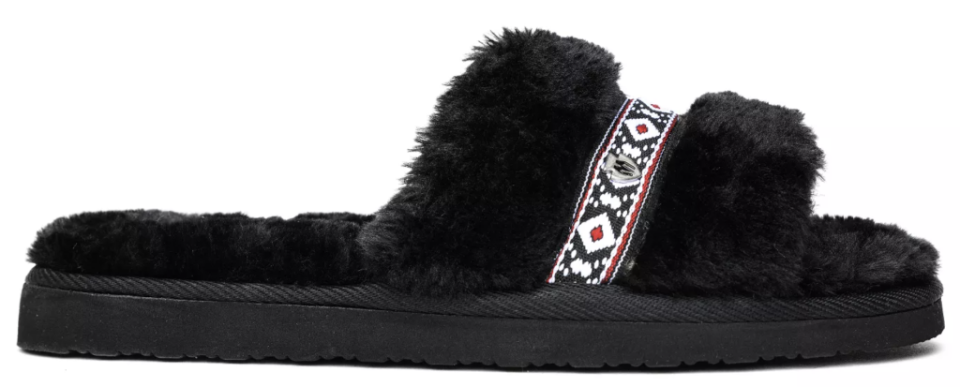 Minnetonka, slides, black slides, flat slides, fluffy slides, soft slides, faux fur slides