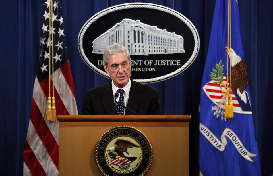 FILE - In this May 29, 2019, file photo, special counsel Robert Mueller speaks at the Department of Justice about the Russia investigation. (AP Photo/Carolyn Kaster)