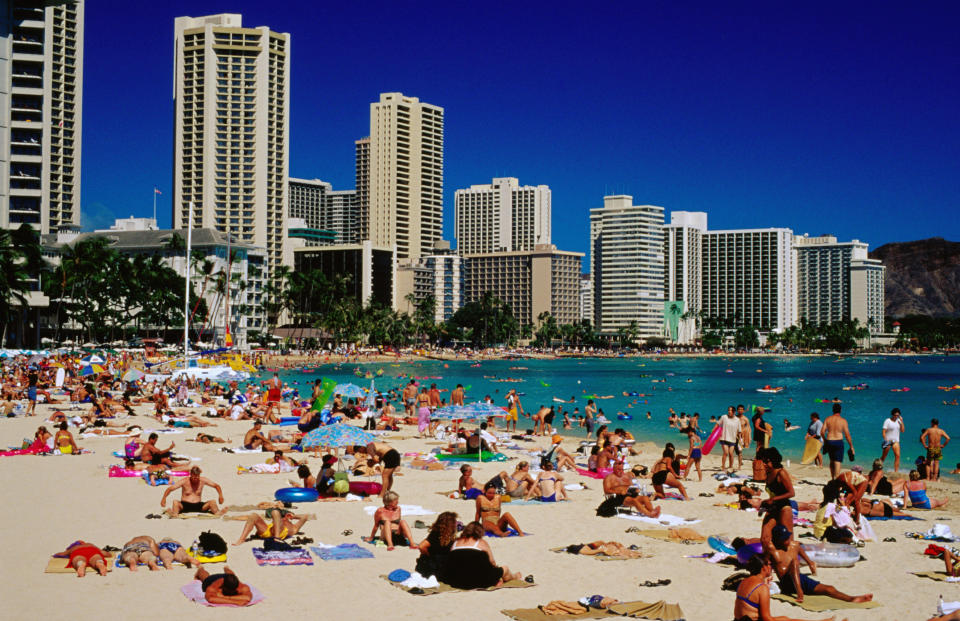 Crowded Waikiki Beach in Oahu