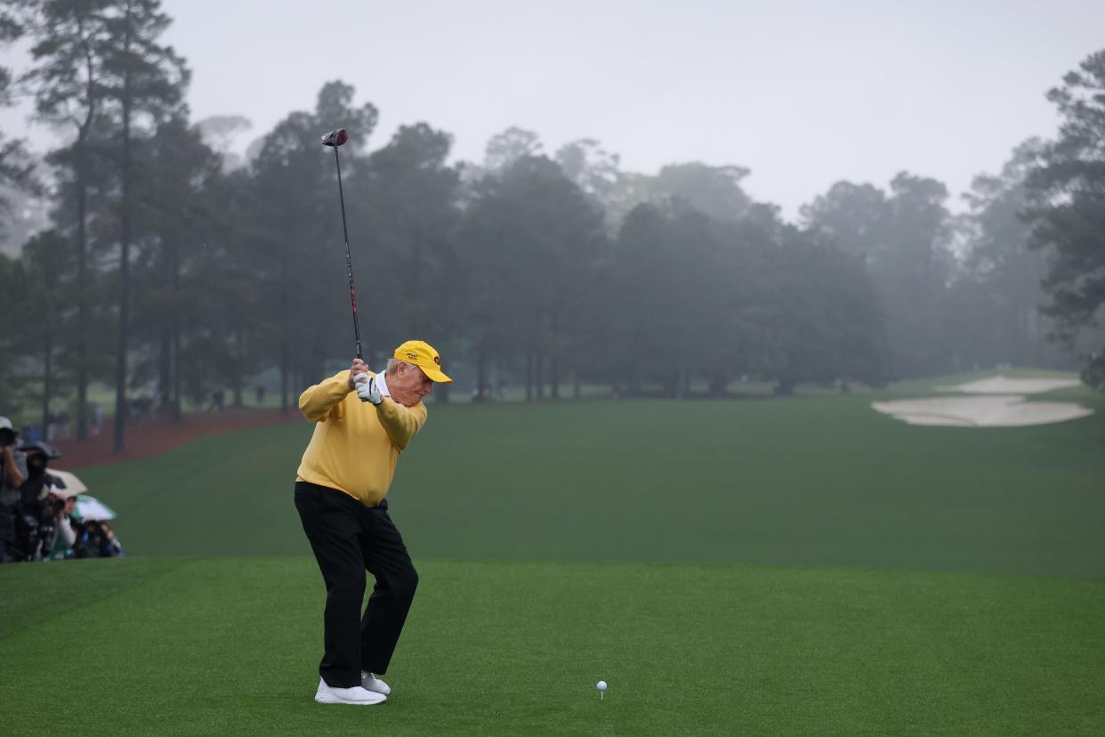 Honorary starter and Masters champion Jack Nicklaus plays his opening tee shot from the first tee during the opening ceremony prior to the start of the first round of the Masters at Augusta National Golf Club on April 07, 2022.