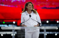 FILE - In this July 4, 2019, file photo, Provo Mayor Michelle Kaufusi speaks during Stadium of Fire at LaVell Edwards Stadium in Provo, Utah. Kaufusi vetoed the citywide mandate on Wednesday, Aug. 26, 2020, after the Municipal Council voted unanimously in favor of it, The Daily Herald reported. She argued she didn't think it was necessary to have a law to force people to wear masks. (Isaac Hale/The Daily Herald via AP, File)