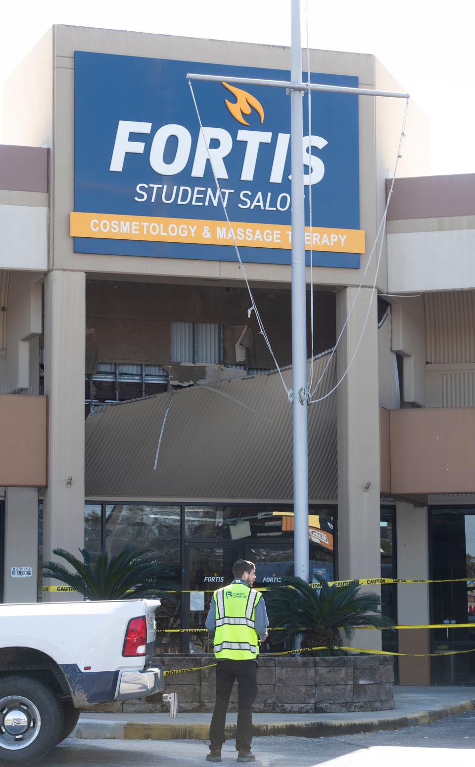 The Olive Road location of Fortis Institute in Pensacola remains boarded up on Monday, Feb. 6, 2023. A fire and partial collapse of the structure on Friday, Feb. 3. was cited for the closure.