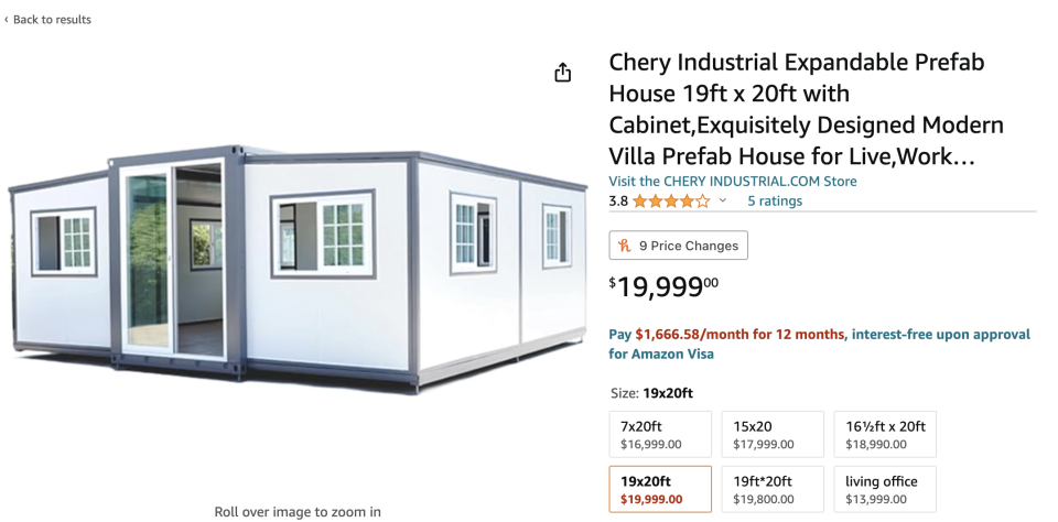 Manufactured home advertised online, 19x20 feet with pricing information, windows on three sides