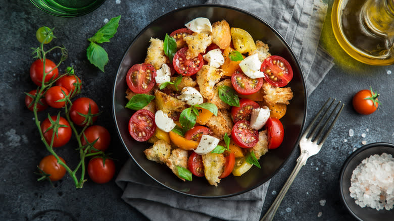 Panzanella in bowl with fork 